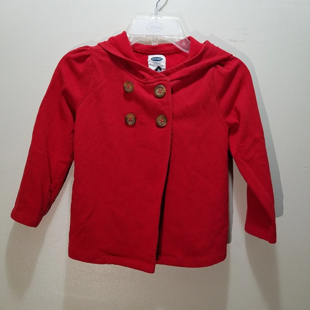 Old Navy Girls Red Pea Coat 5T Toddler Hooded Double Breasted Jacket